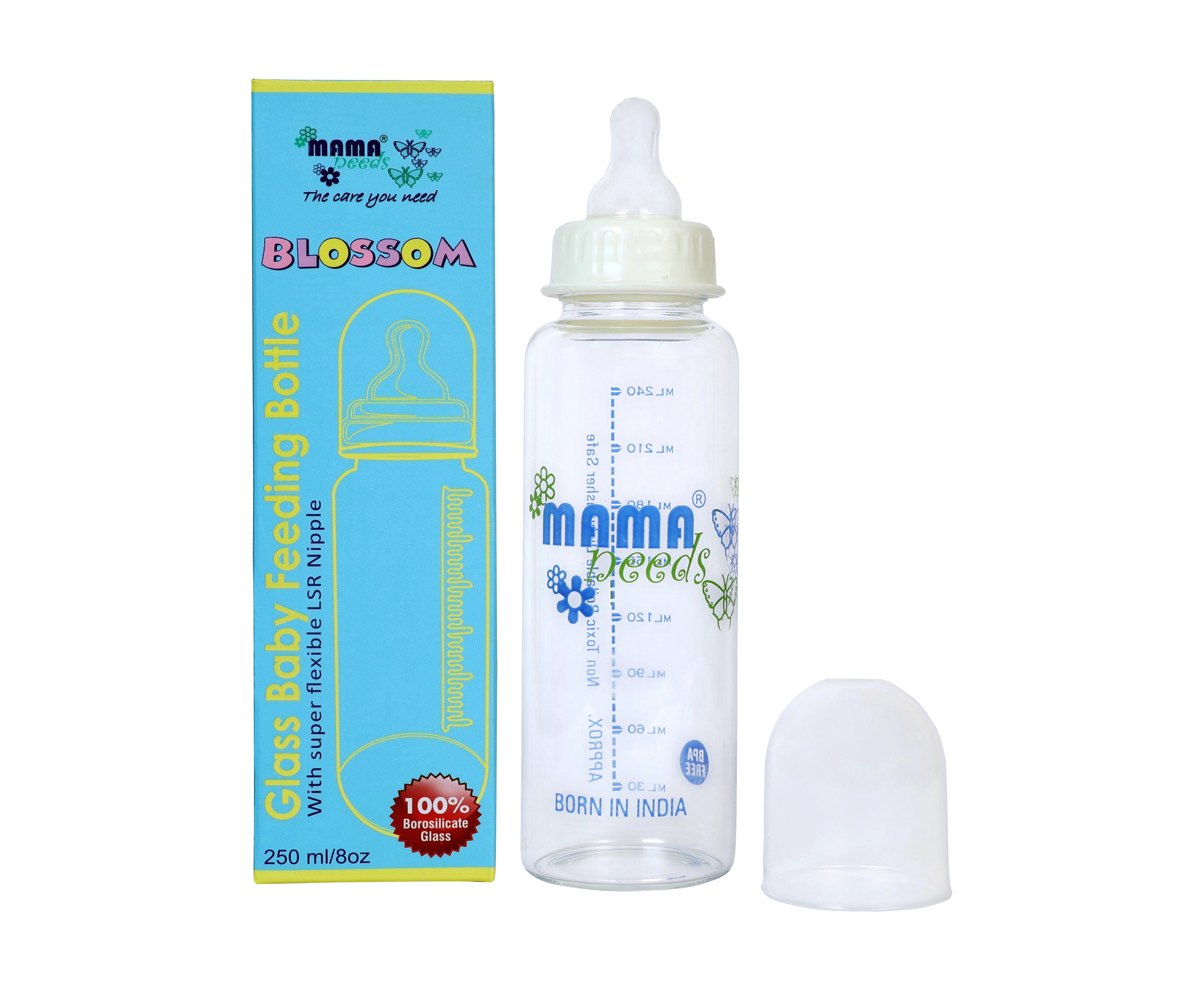 BLOSSOM Borosilicate Glass Feeding Bottle, 250 ml BPA Free