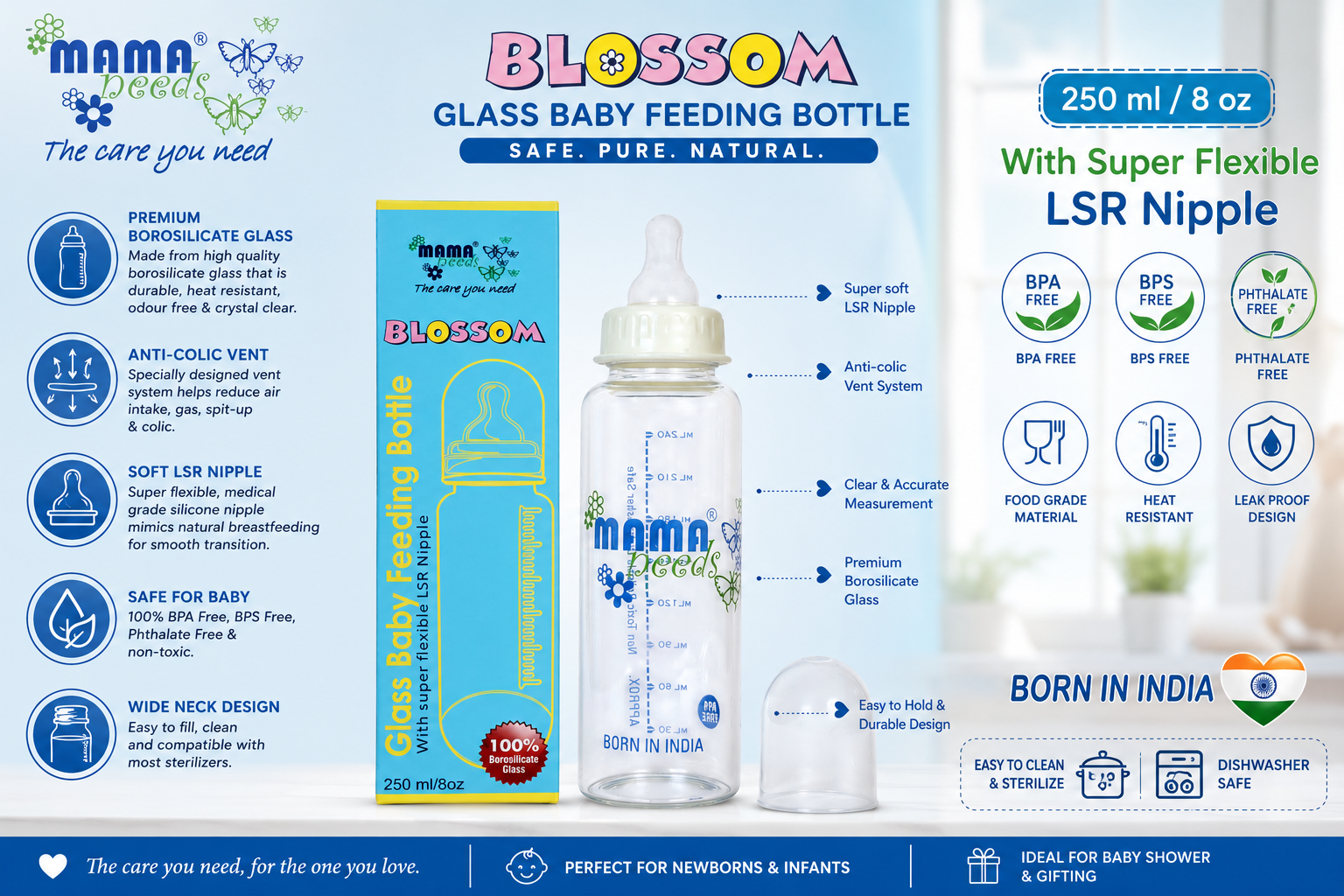BLOSSOM Borosilicate Glass Feeding Bottle, 250 ml BPA Free