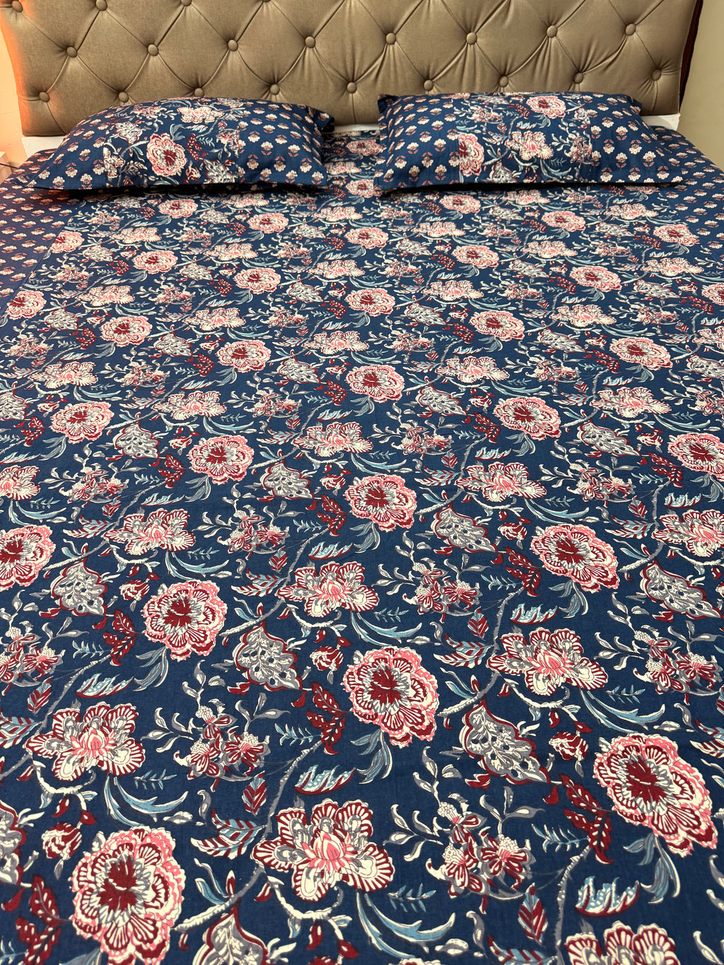 AJRAKH Print bed Sheet (Navy Blue)