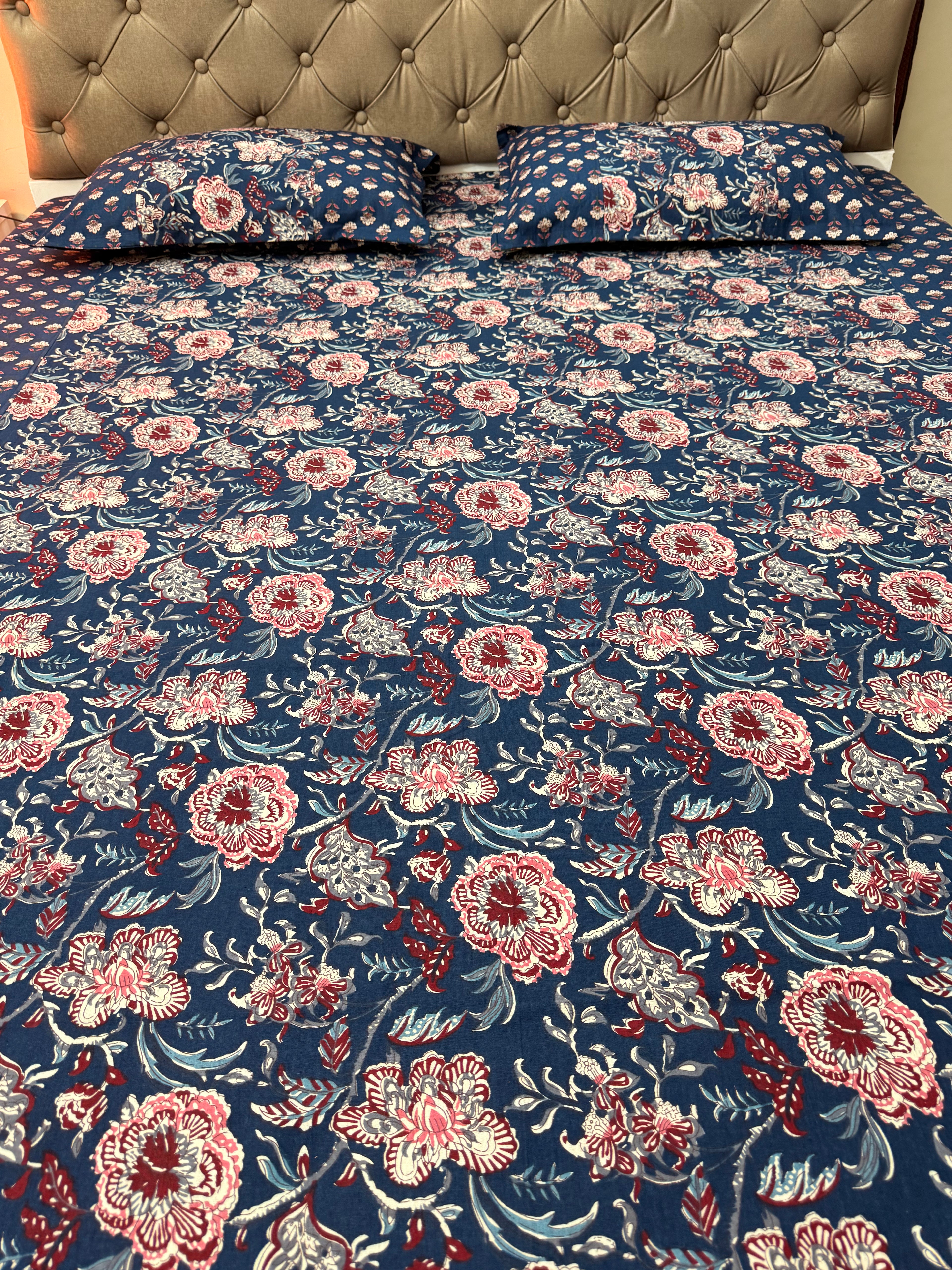 AJRAKH Print bed Sheet (Navy Blue)