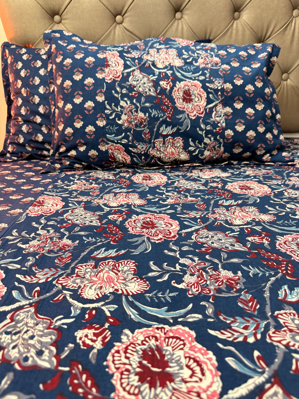 AJRAKH Print bed Sheet (Navy Blue)