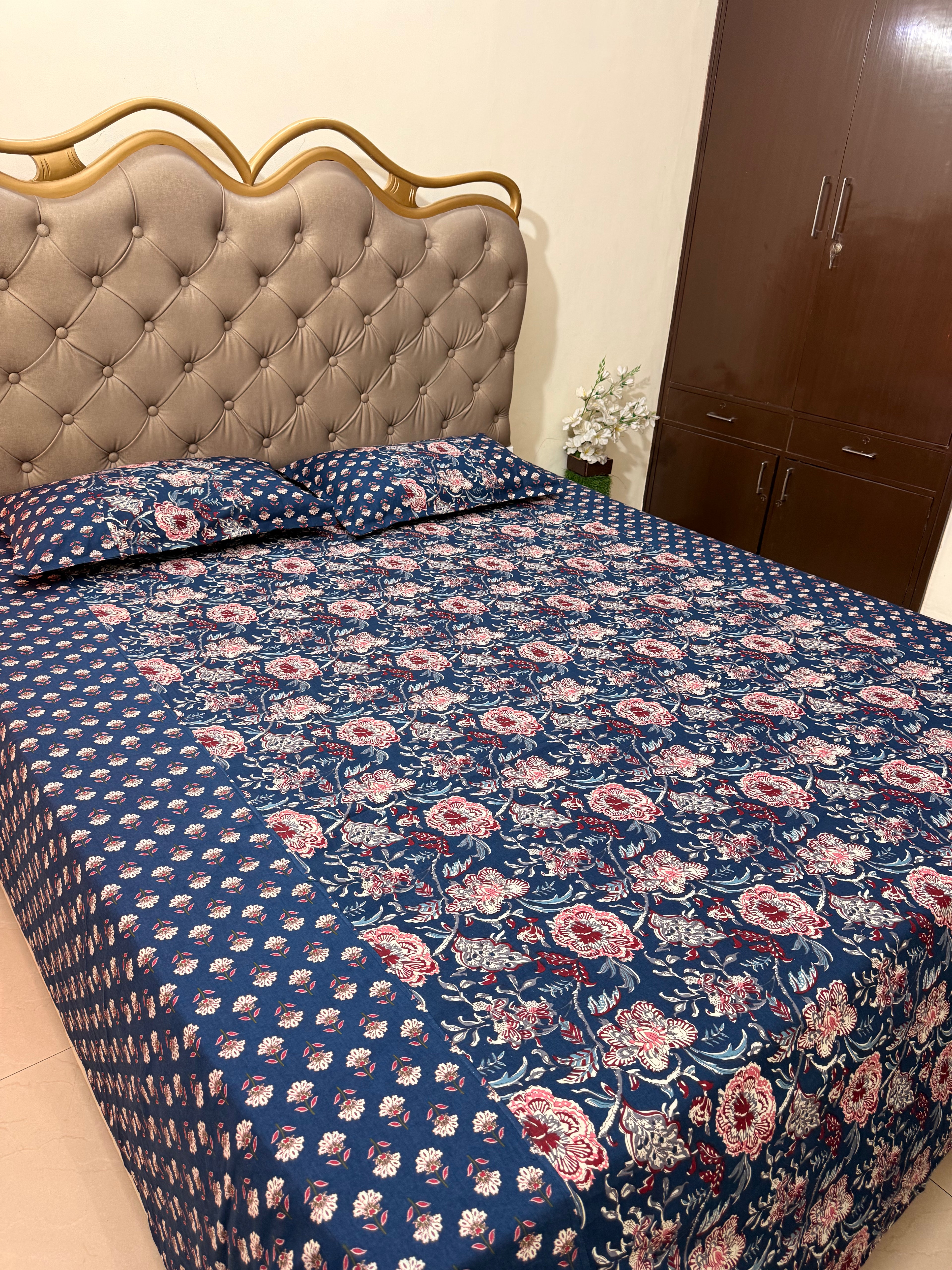 AJRAKH Print bed Sheet (Navy Blue)