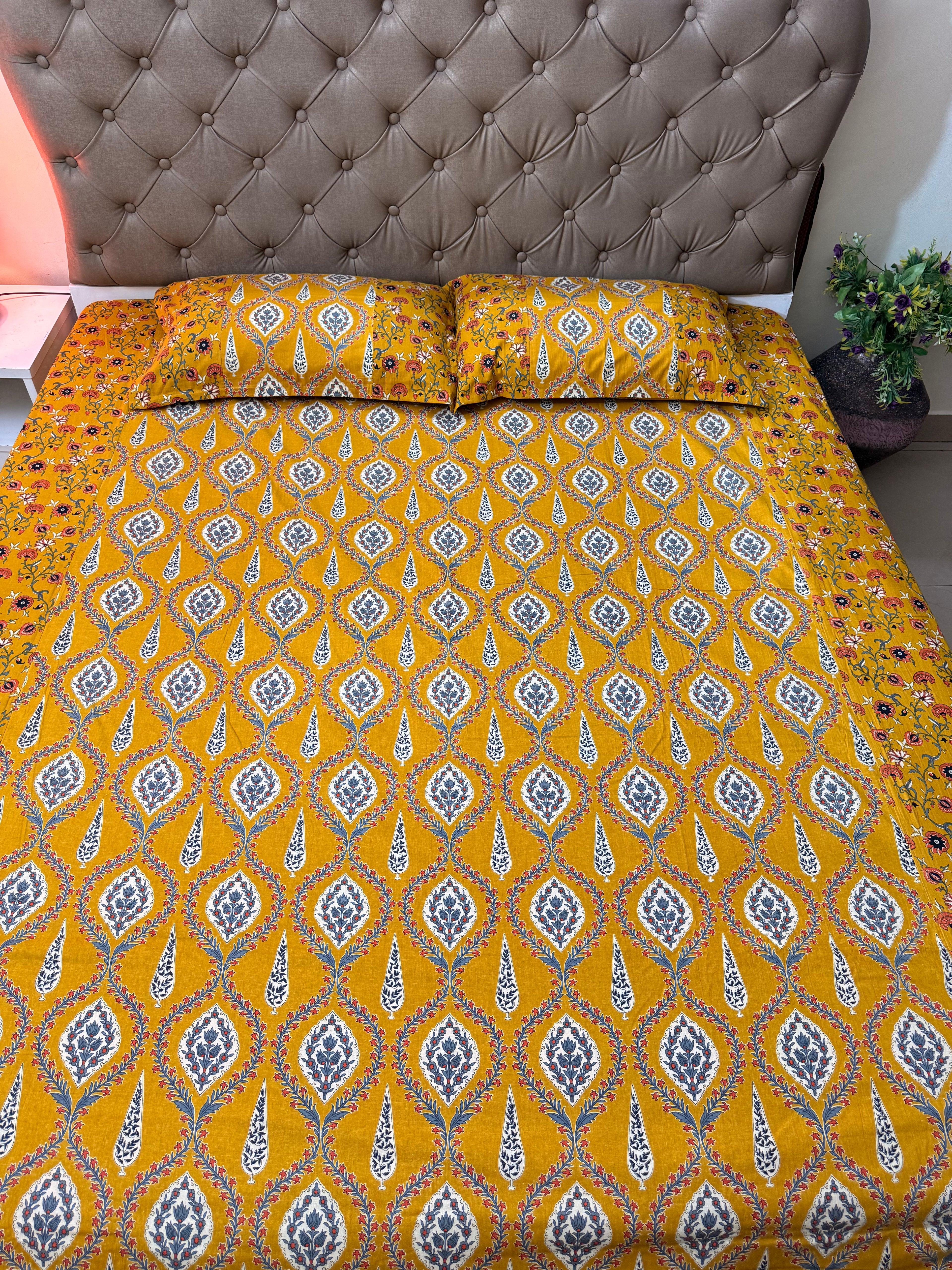 Ajrakh print Bed Sheet (Bright Yellow)