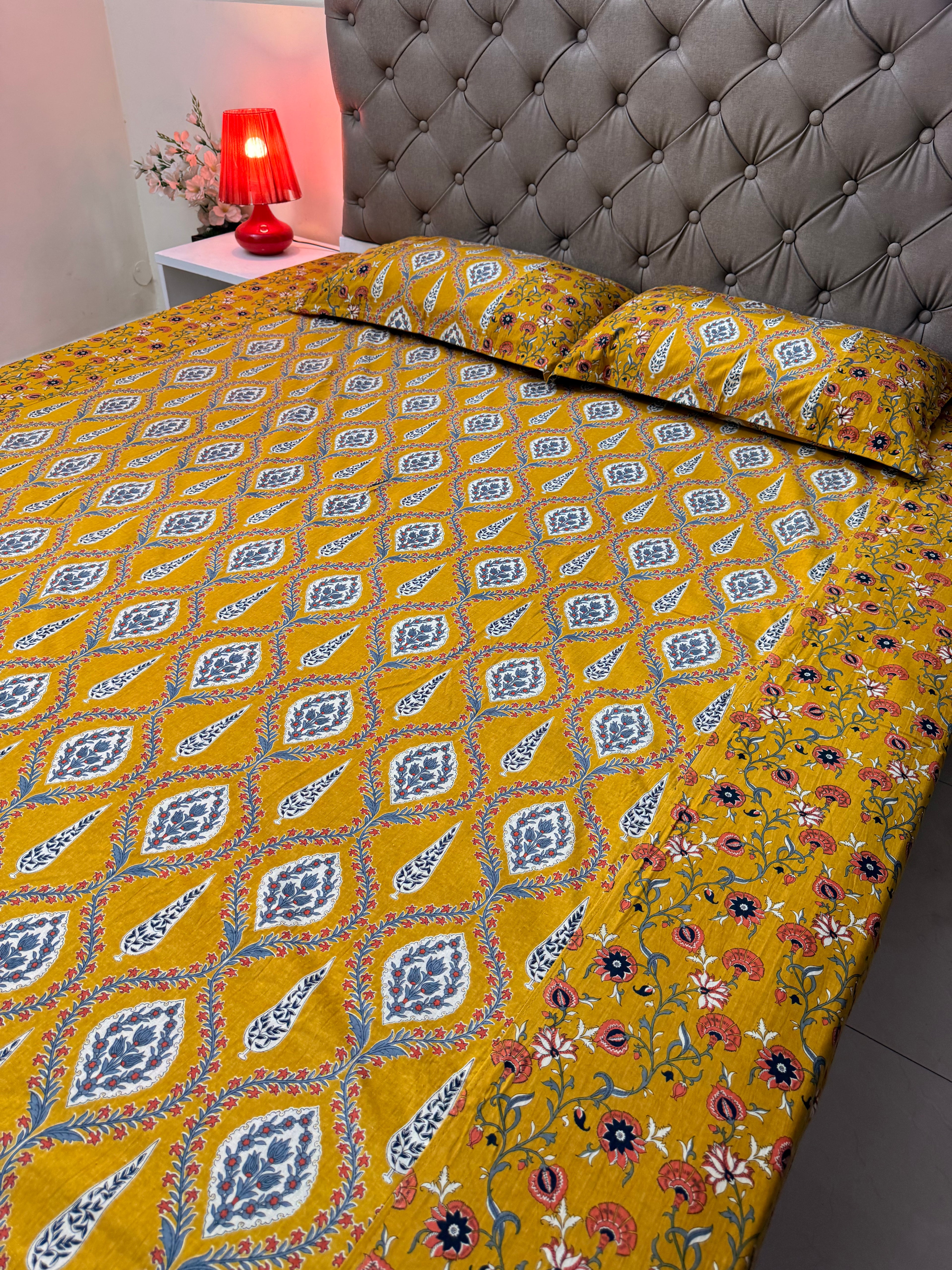 Ajrakh print Bed Sheet (Bright Yellow)
