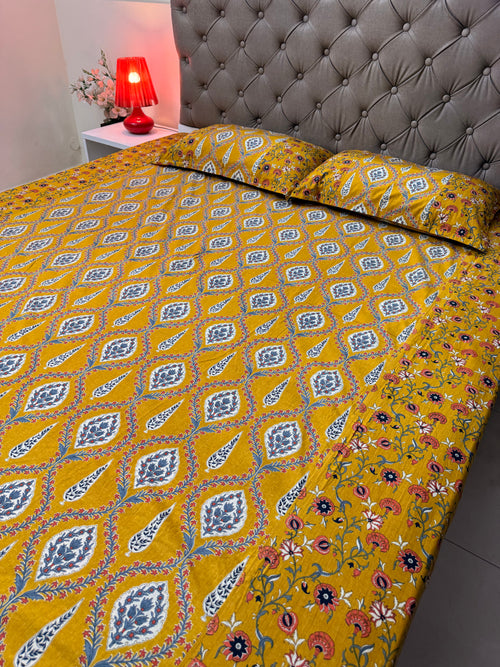 Ajrakh print Bed Sheet (Bright Yellow)