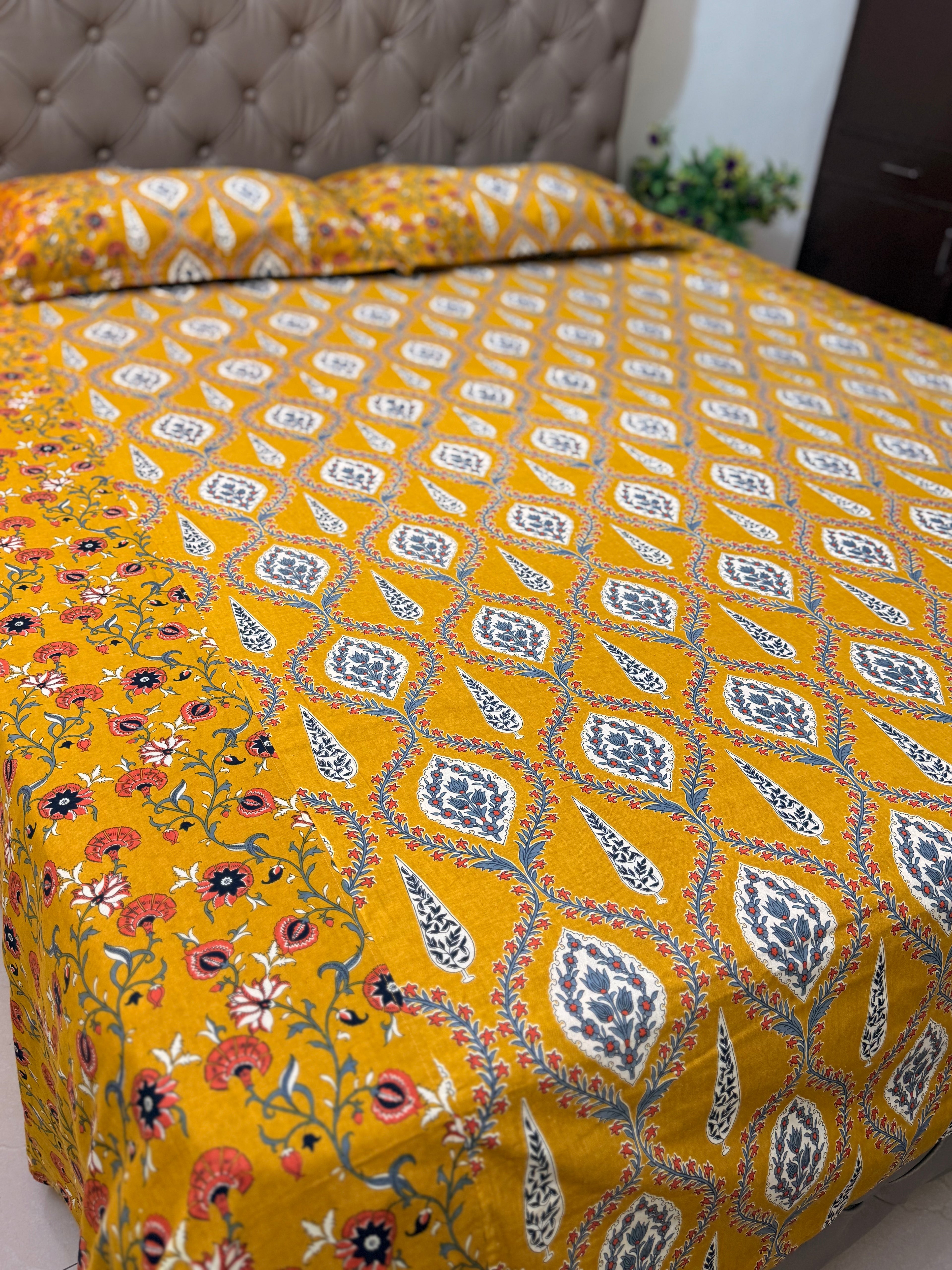 Ajrakh print Bed Sheet (Bright Yellow)