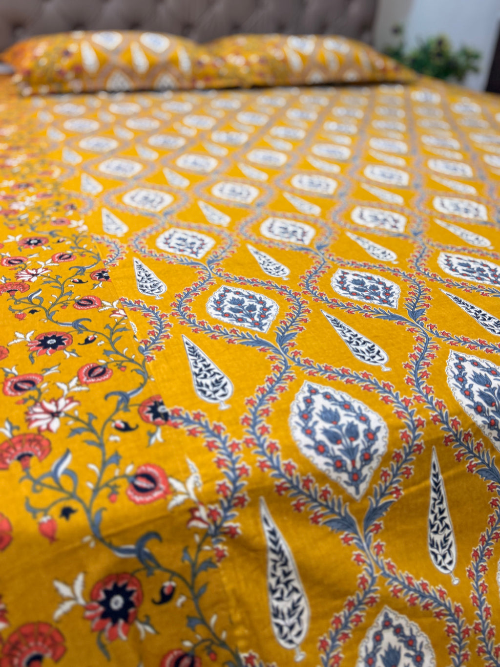 Ajrakh print Bed Sheet (Bright Yellow)