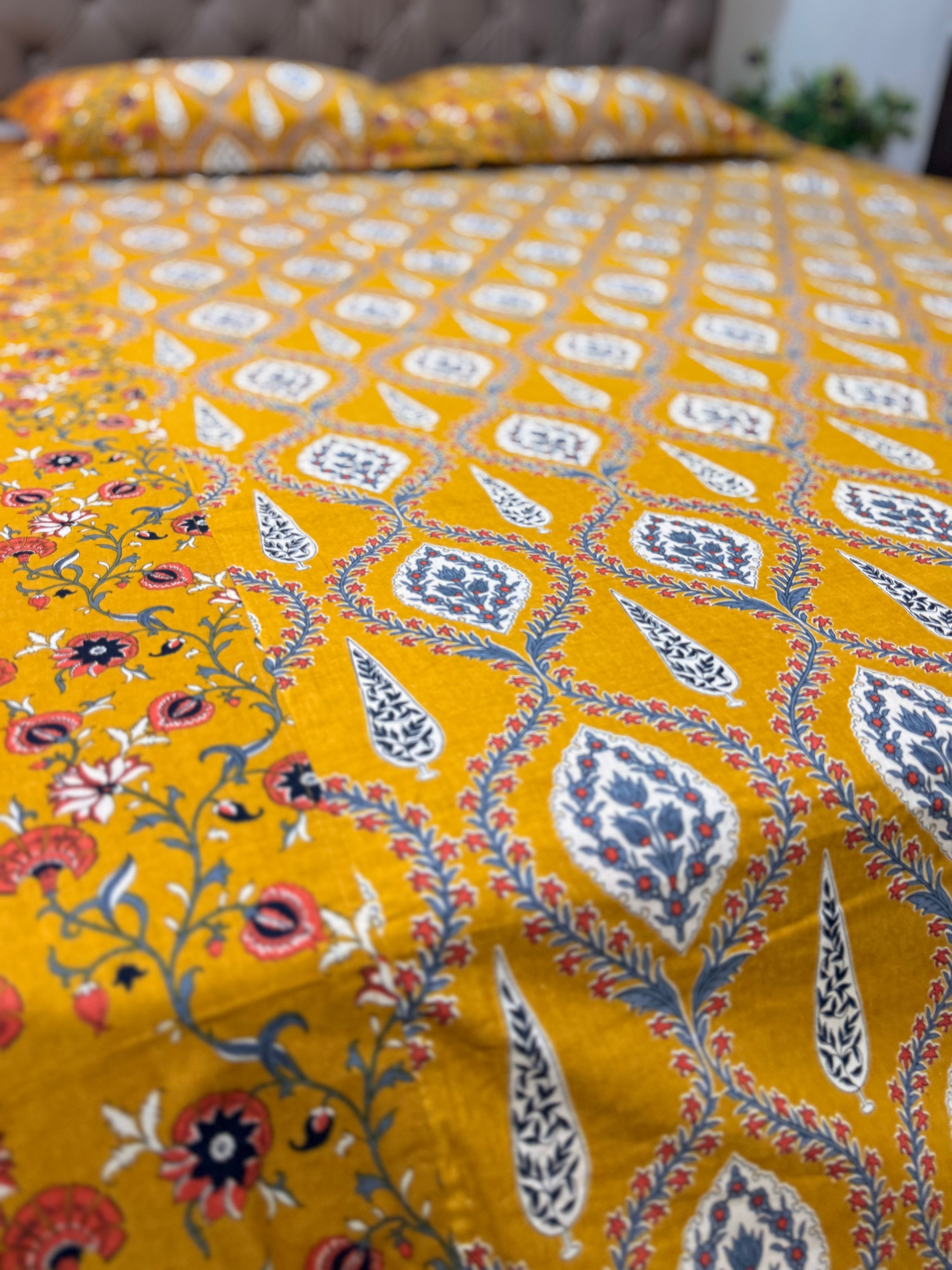 Ajrakh print Bed Sheet (Bright Yellow)