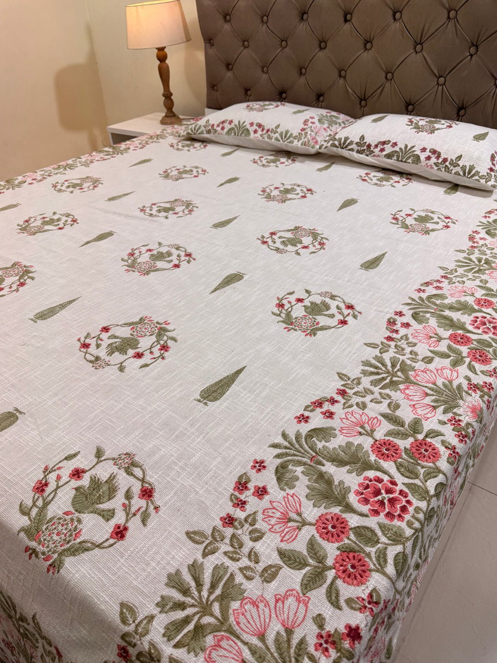Jute cotton knitted hand block print premium bed cover (Bird print)