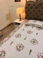 Jute cotton knitted hand block print premium bed cover (Bird print)