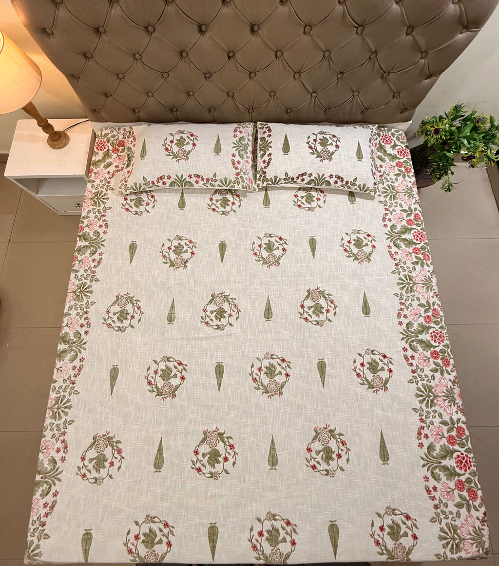 Jute cotton knitted hand block print premium bed cover (Bird print)