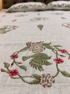 Jute cotton knitted hand block print premium bed cover (Bird print)