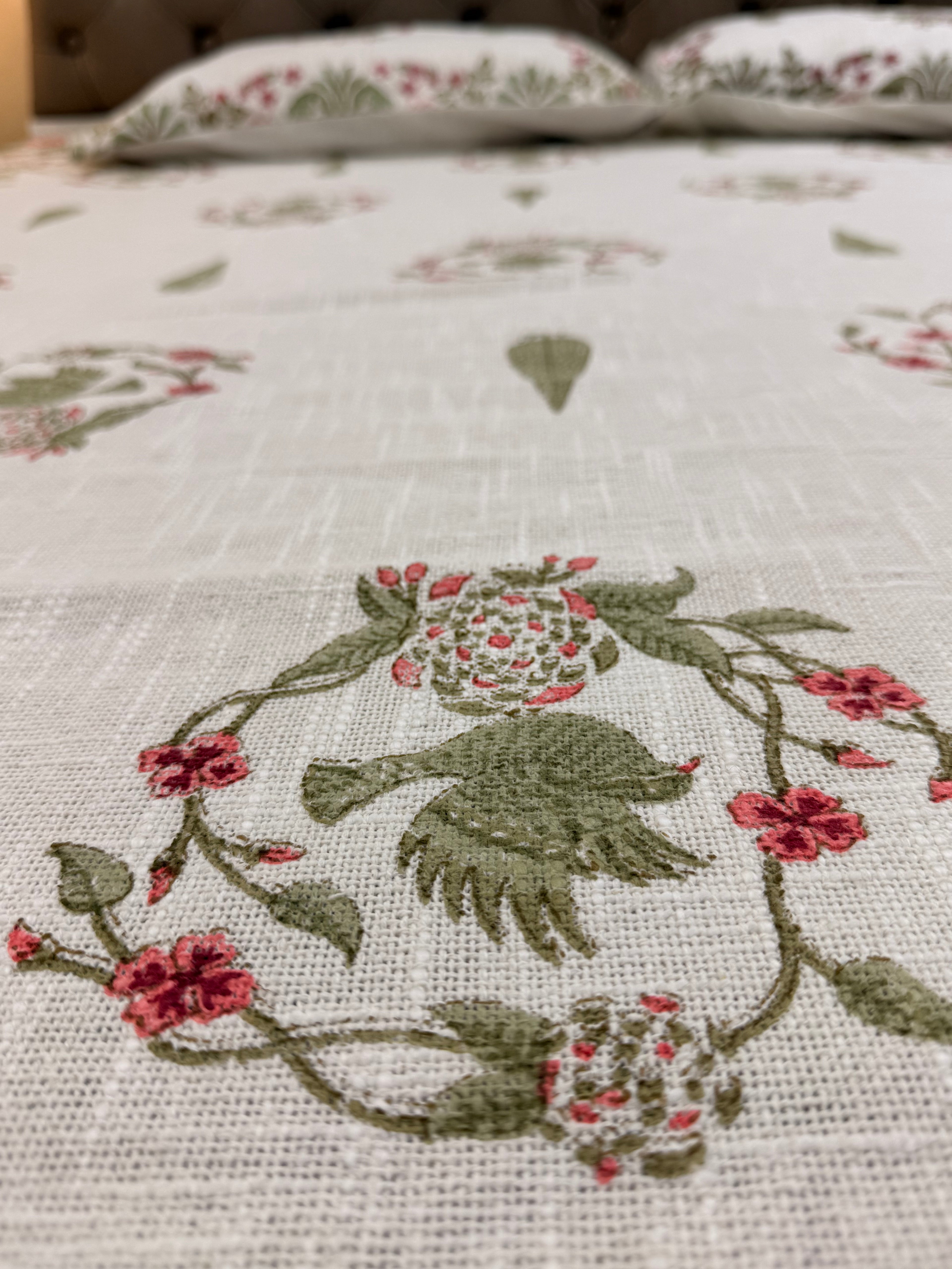 Jute cotton knitted hand block print premium bed cover (Bird print)