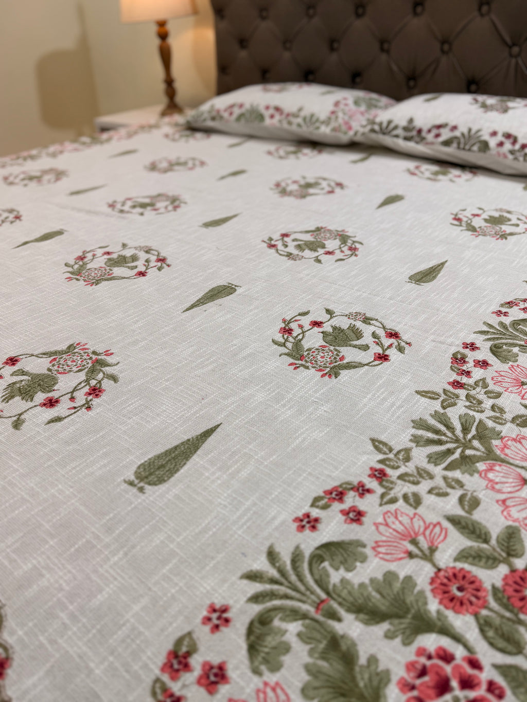 Jute cotton knitted hand block print premium bed cover (Bird print)