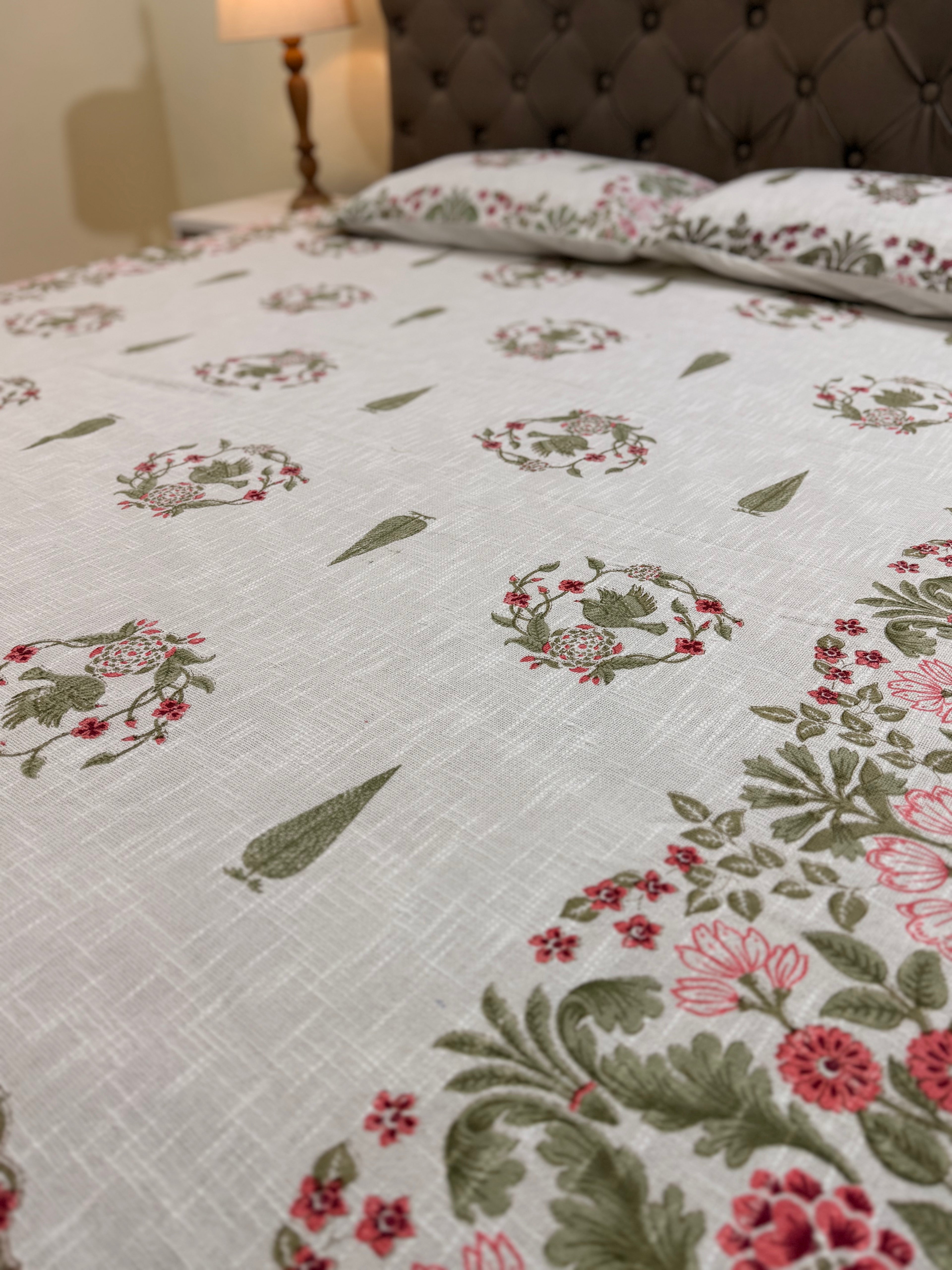 Jute cotton knitted hand block print premium bed cover (Bird print)