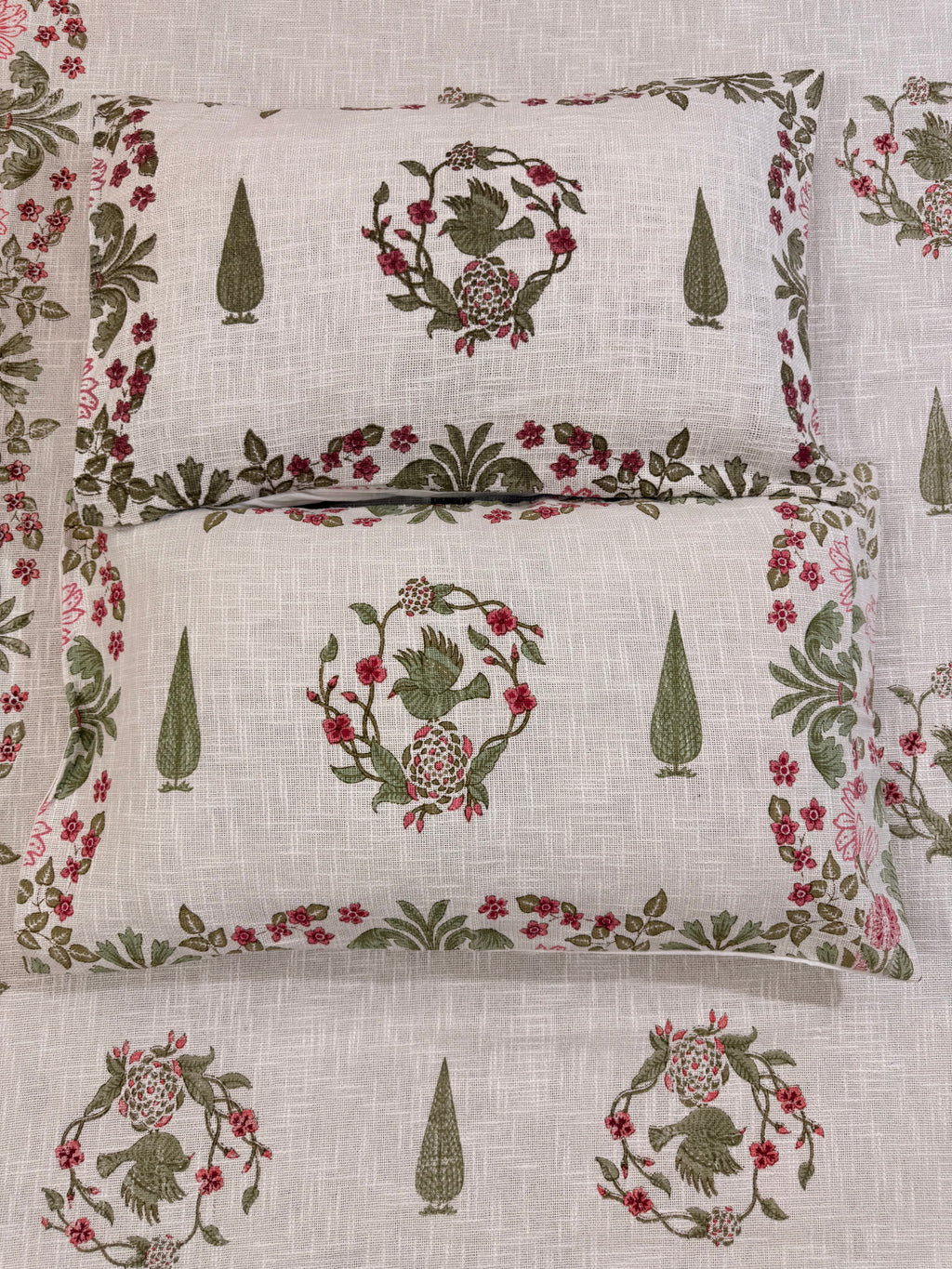 Jute cotton knitted hand block print premium bed cover (Bird print)
