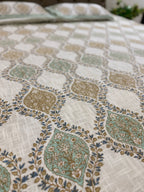 Jute cotton knitted hand block print premium bed cover (Jaal print)