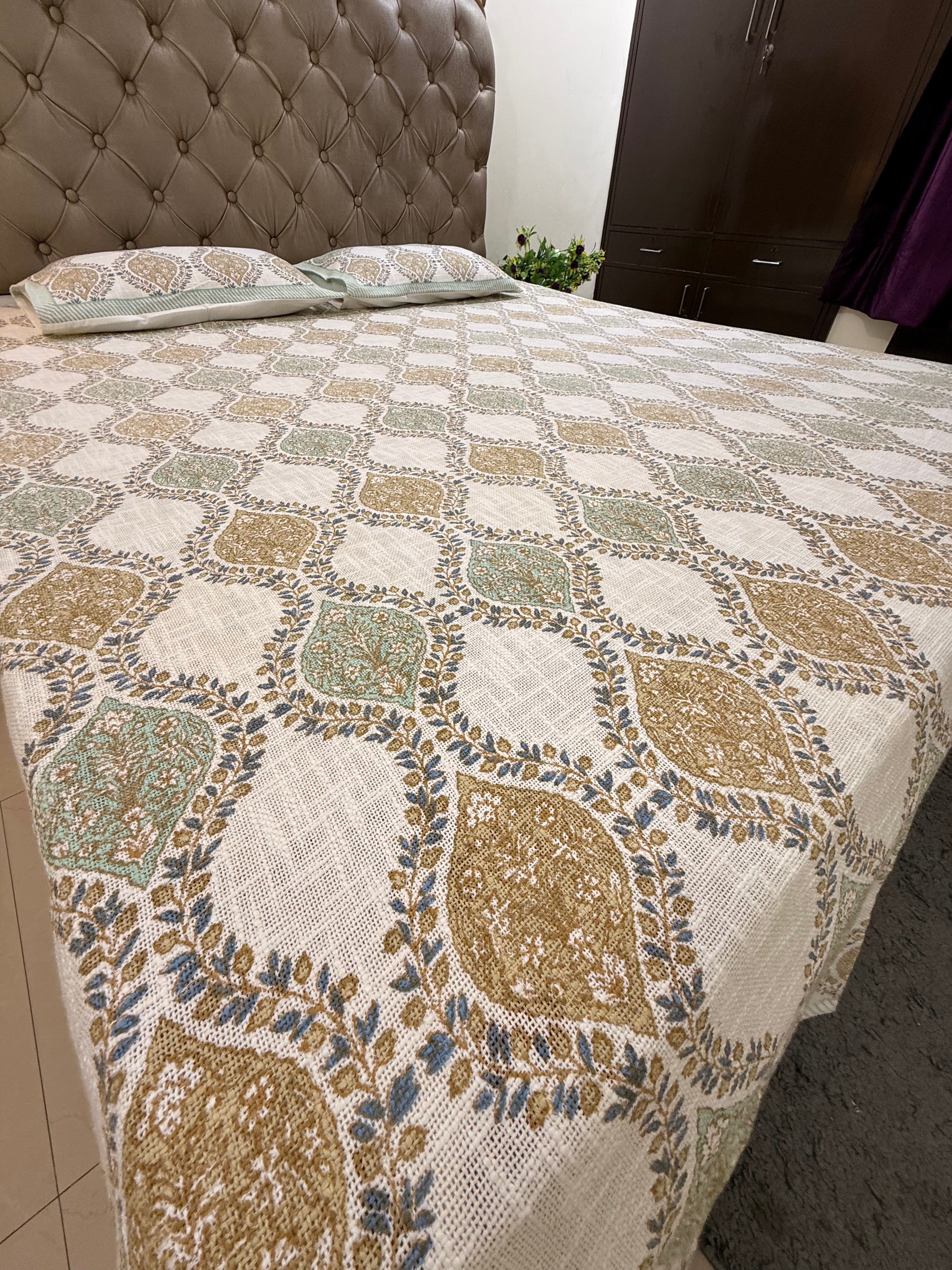 Jute cotton knitted hand block print premium bed cover (Jaal print)