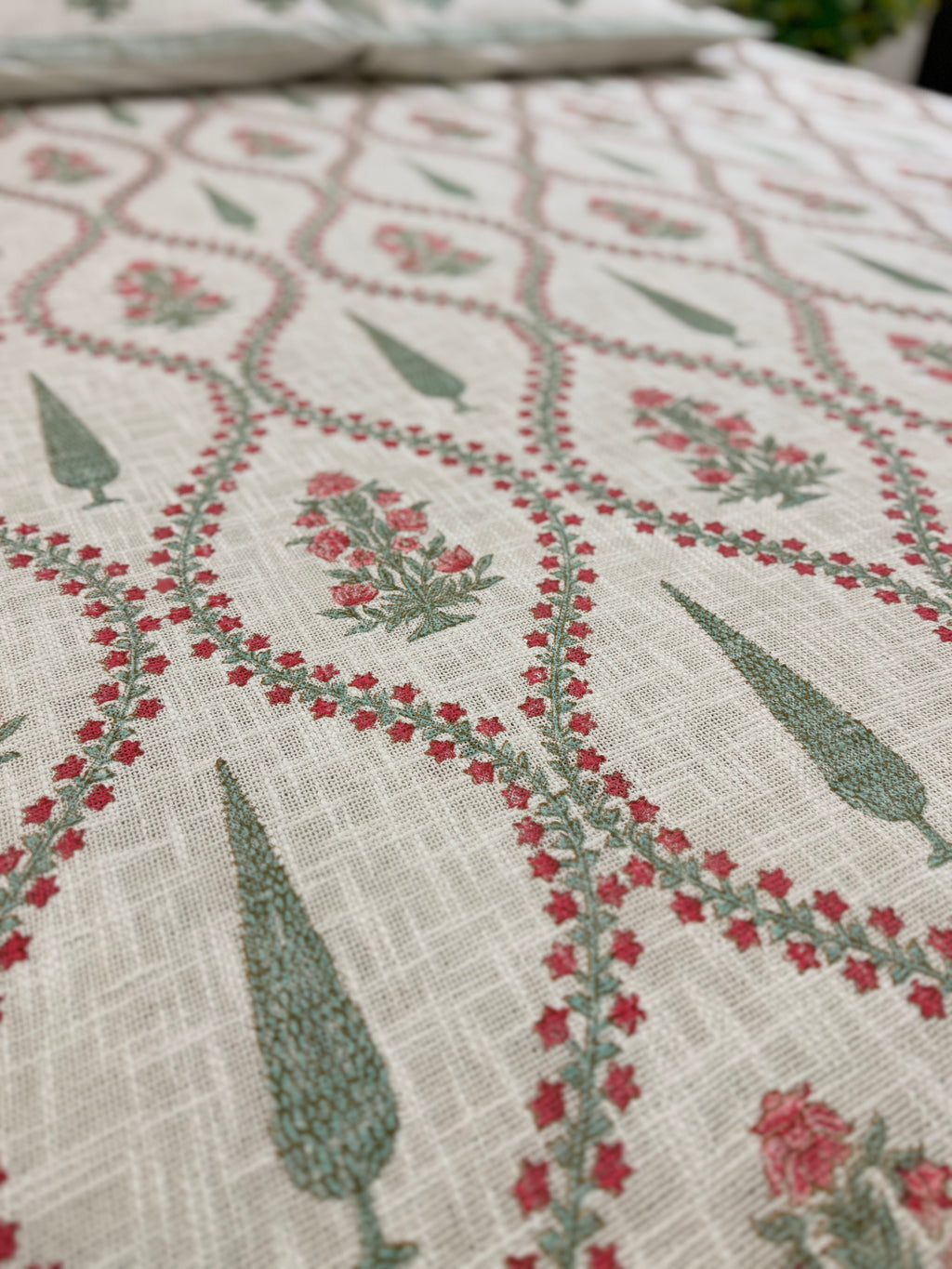 Jute cotton knitted hand block print premium bed cover (Phool patti print)