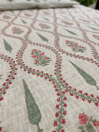 Jute cotton knitted hand block print premium bed cover (Phool patti print)
