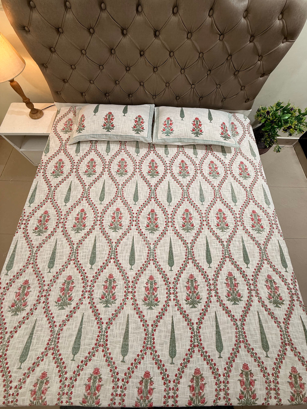 Jute cotton knitted hand block print premium bed cover (Phool patti print)
