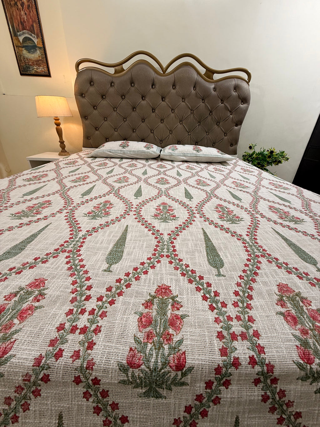Jute cotton knitted hand block print premium bed cover (Phool patti print)