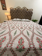 Jute cotton knitted hand block print premium bed cover (Phool patti print)