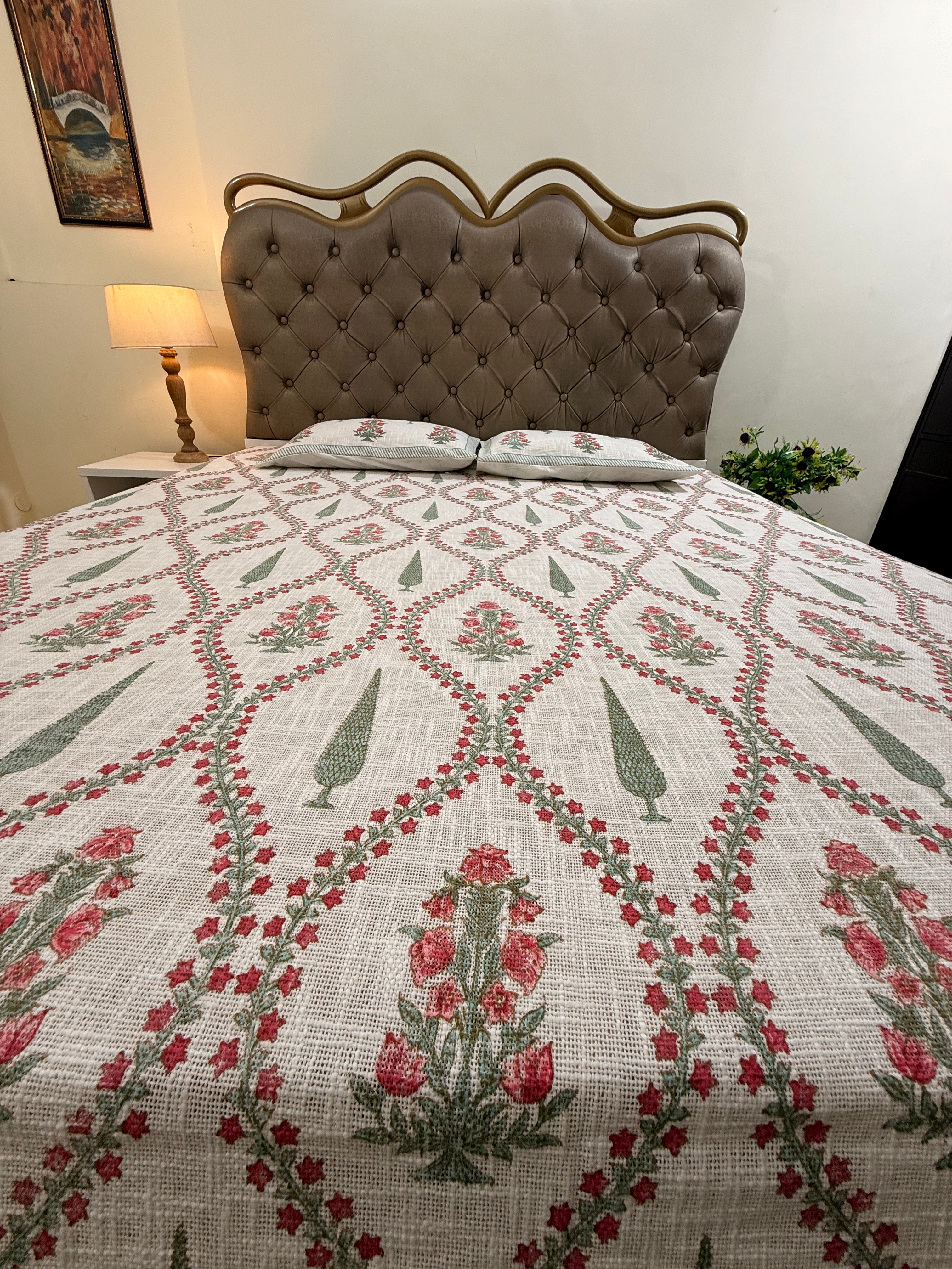Jute cotton knitted hand block print premium bed cover (Phool patti print)