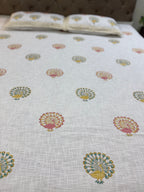 Jute cotton knitted hand block print premium bed cover (Peacock Print)