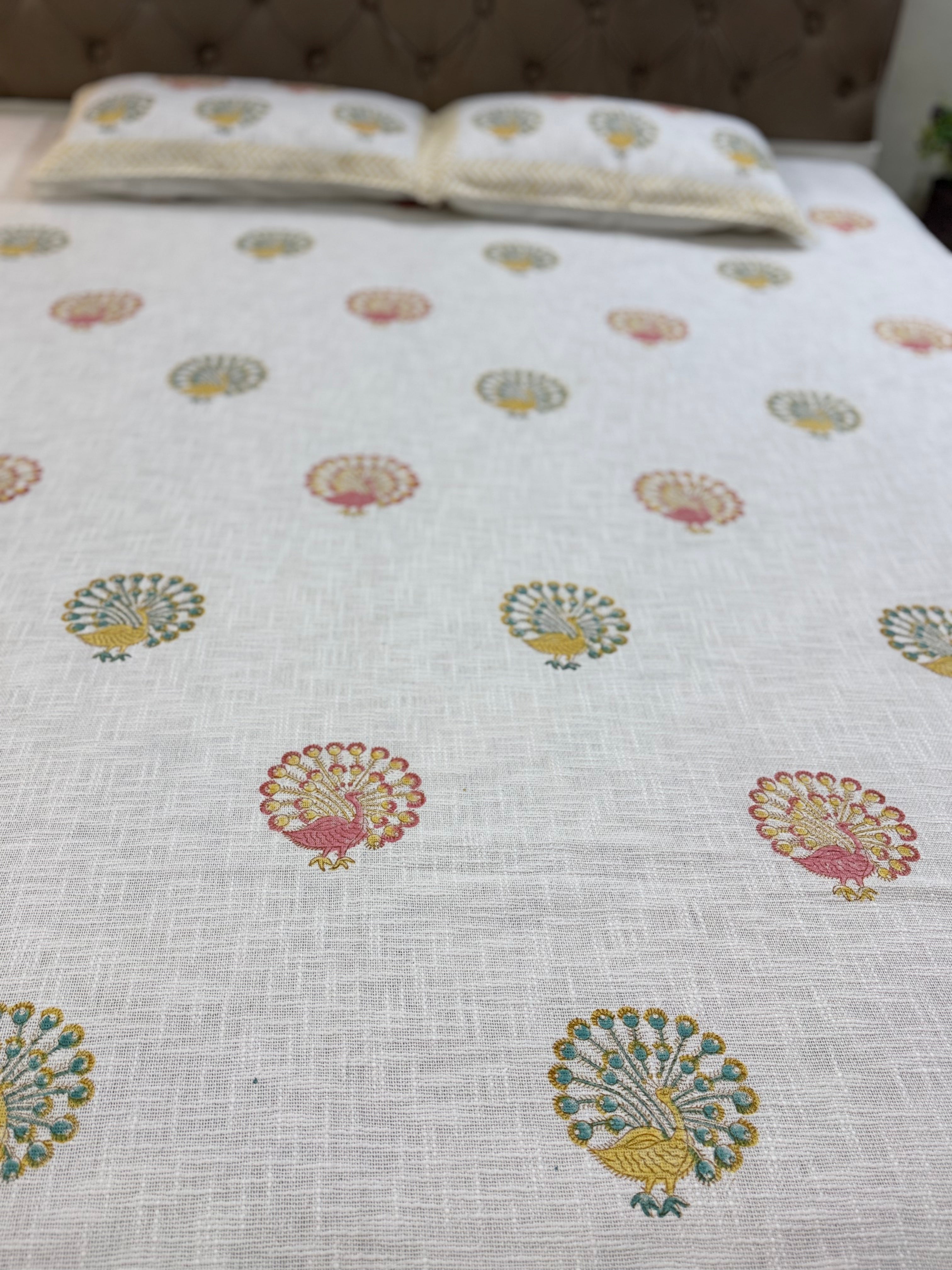 Jute cotton knitted hand block print premium bed cover (Peacock Print)