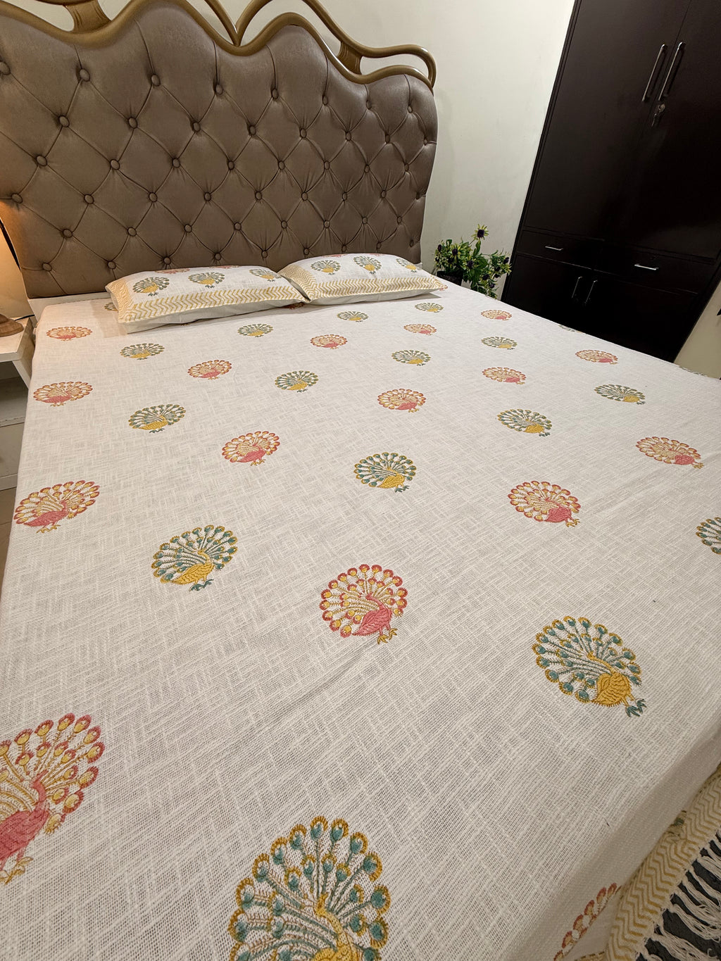 Jute cotton knitted hand block print premium bed cover (Peacock Print)