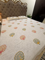 Jute cotton knitted hand block print premium bed cover (Peacock Print)
