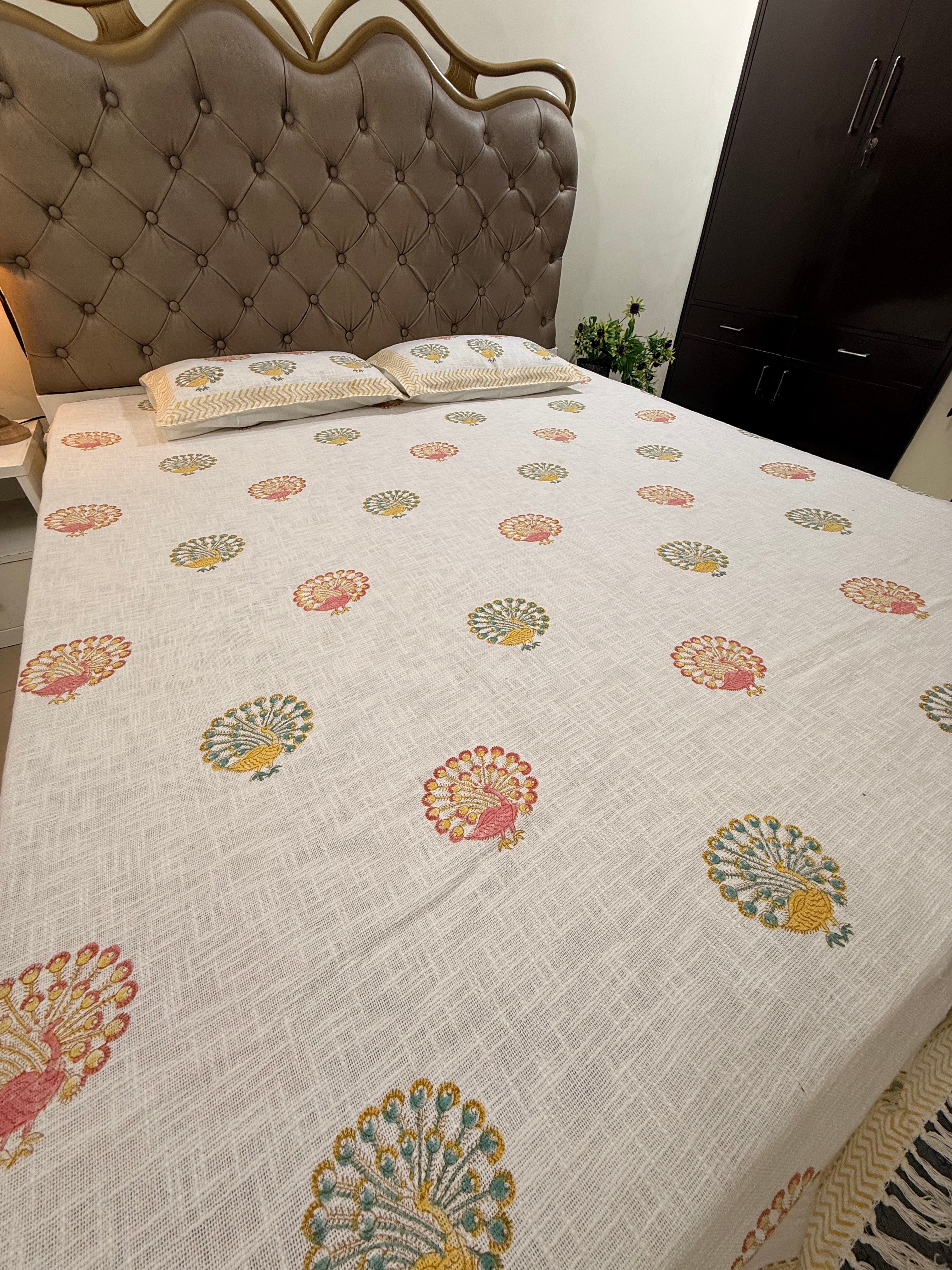 Jute cotton knitted hand block print premium bed cover (Peacock Print)
