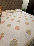 Jute cotton knitted hand block print premium bed cover (Peacock Print)