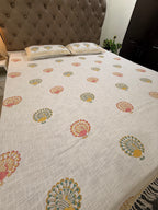 Jute cotton knitted hand block print premium bed cover (Peacock Print)