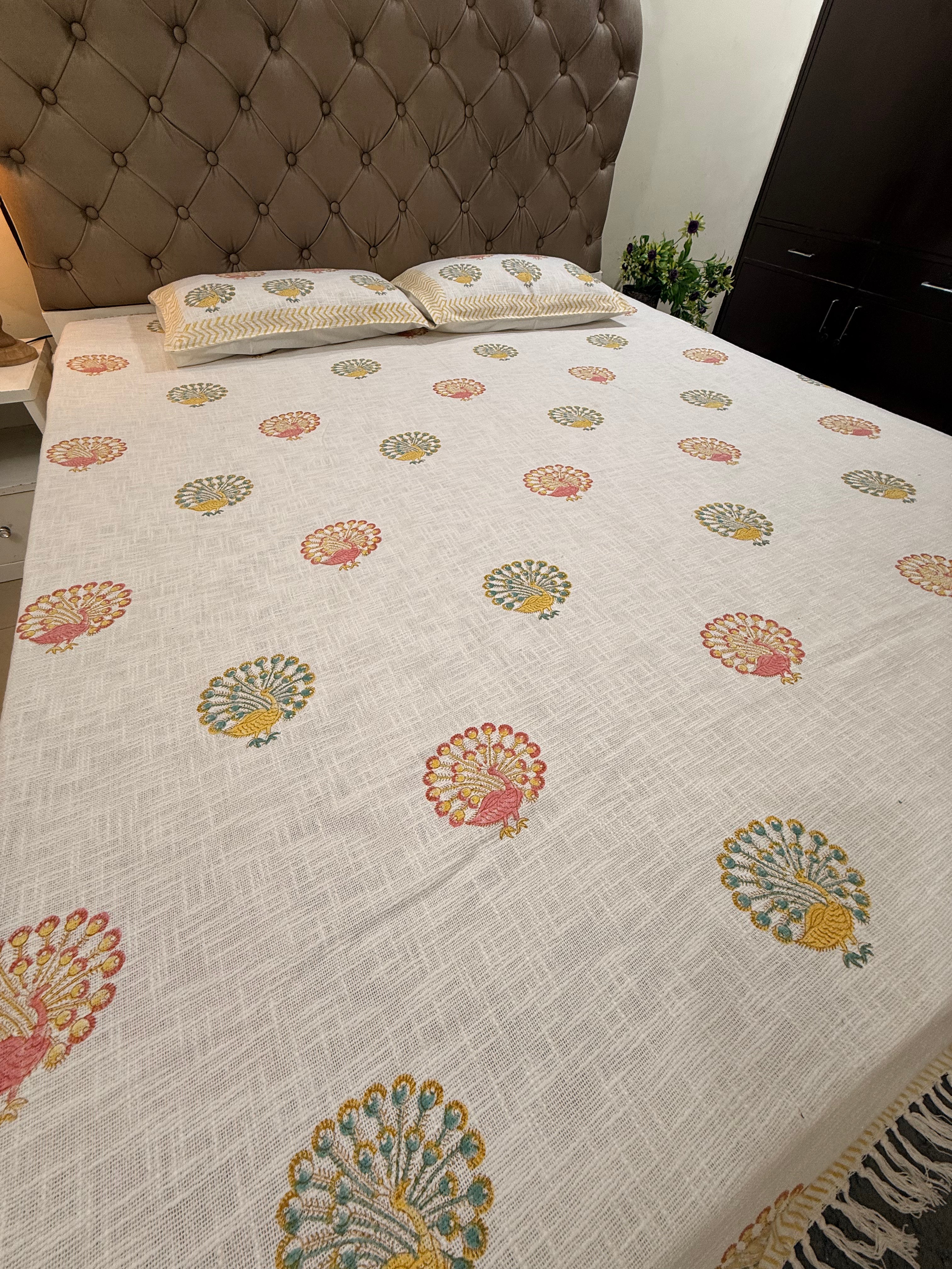 Jute cotton knitted hand block print premium bed cover (Peacock Print)