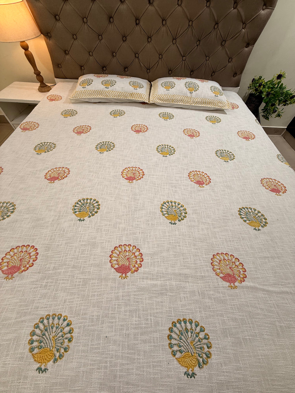 Jute cotton knitted hand block print premium bed cover (Peacock Print)