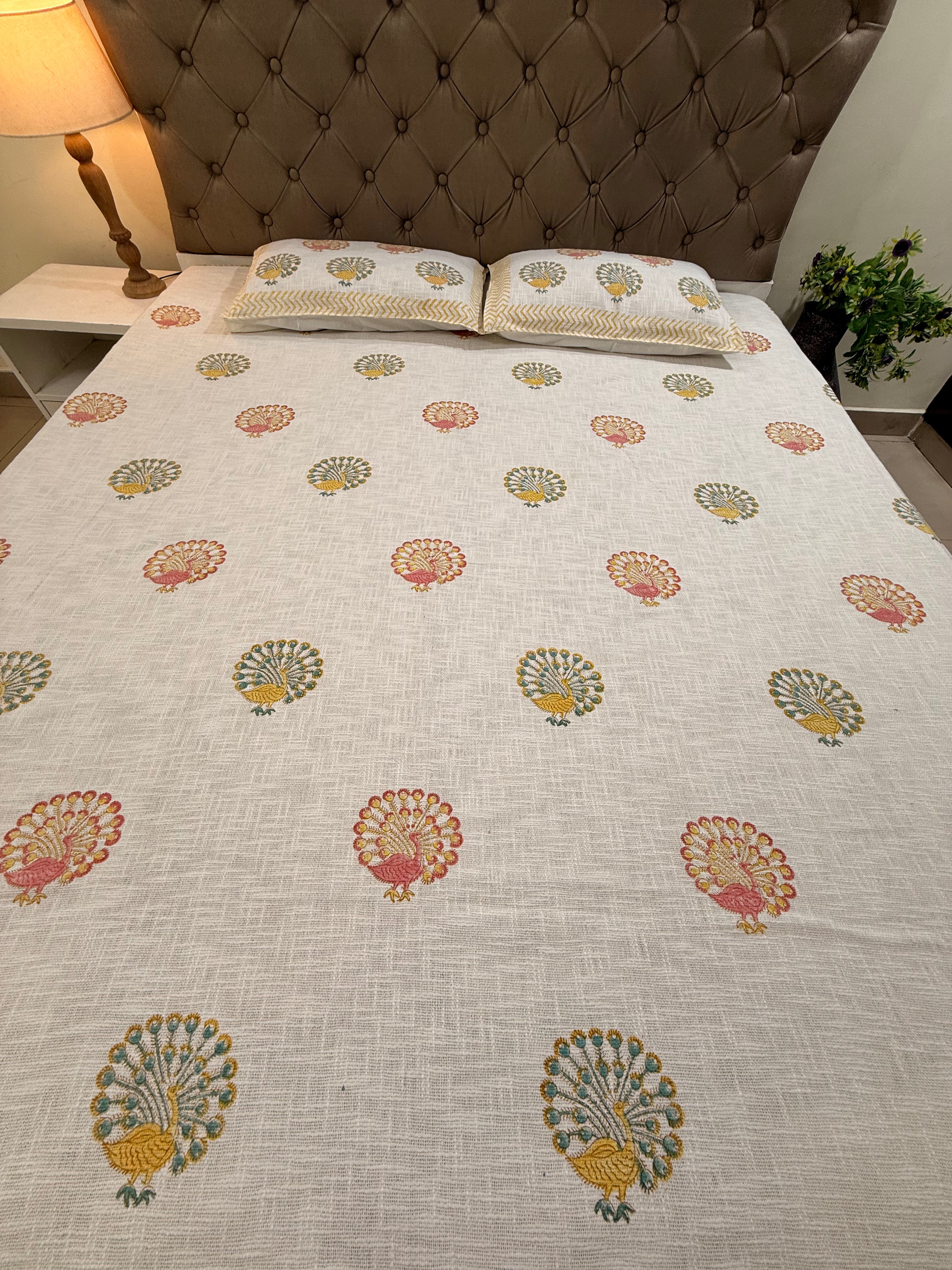 Jute cotton knitted hand block print premium bed cover (Peacock Print)