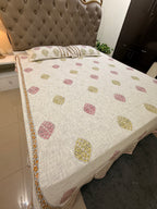 Jute cotton knitted hand block print premium bed cover (Multicolor Motifs)
