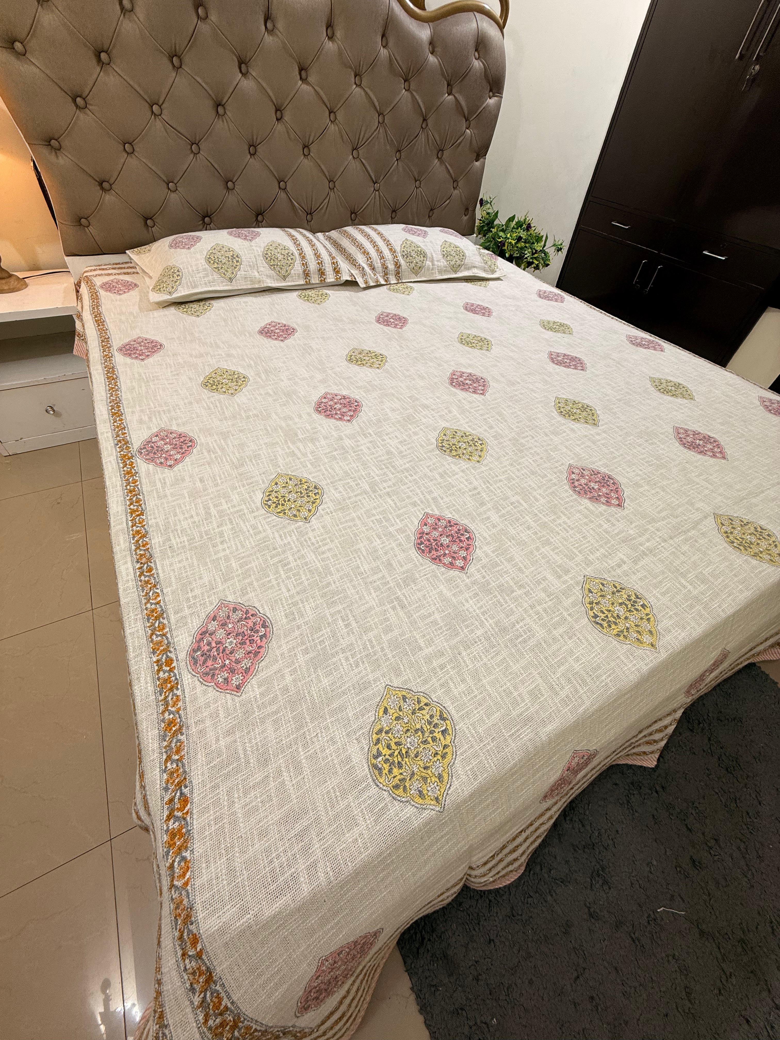 Jute cotton knitted hand block print premium bed cover (Multicolor Motifs)