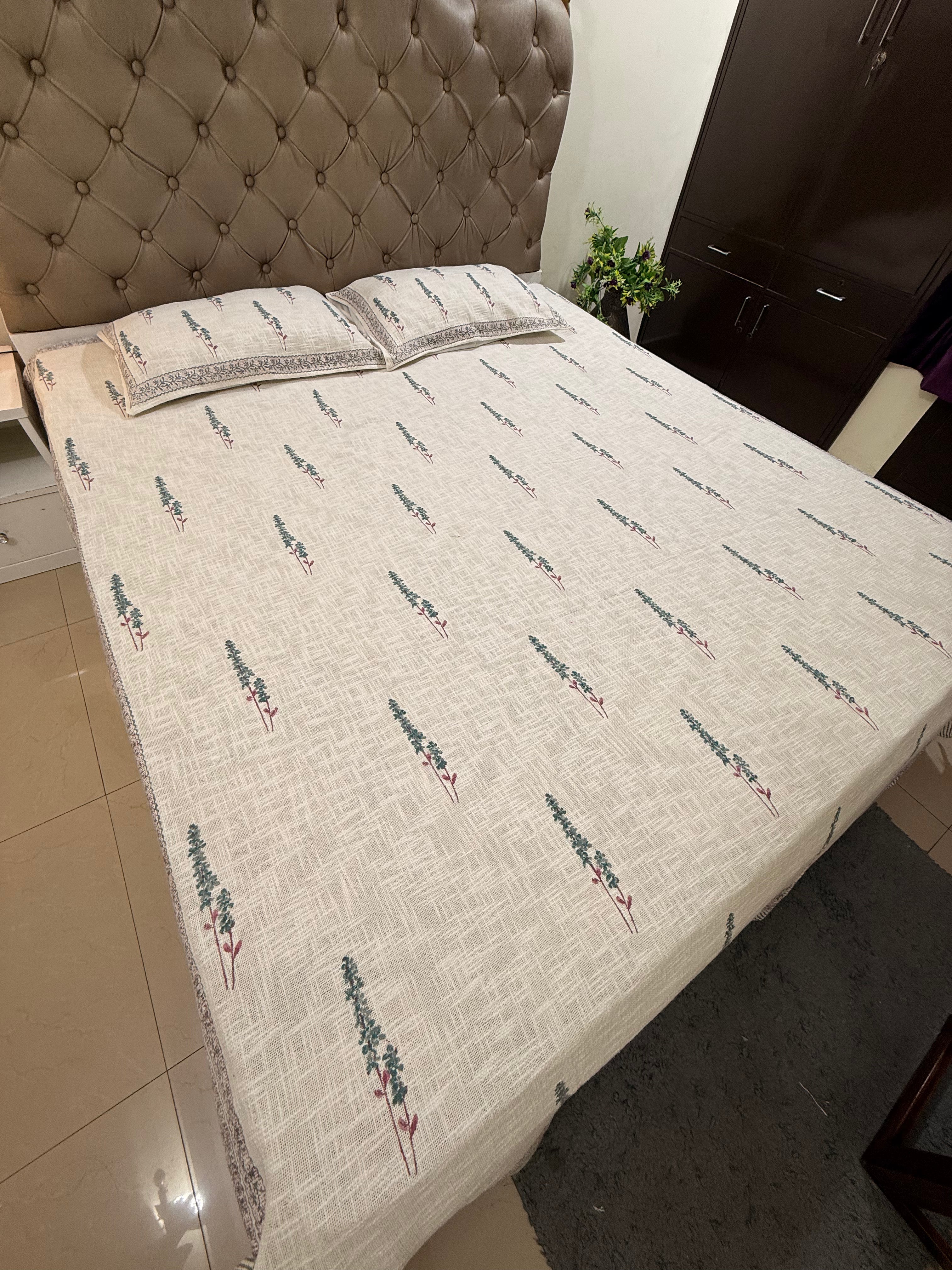Jute cotton knitted hand block print premium bed cover (Booti Print)