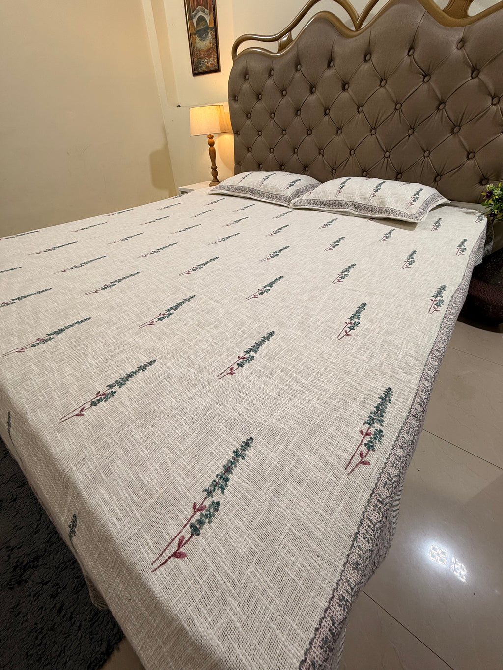 Jute cotton knitted hand block print premium bed cover (Booti Print)