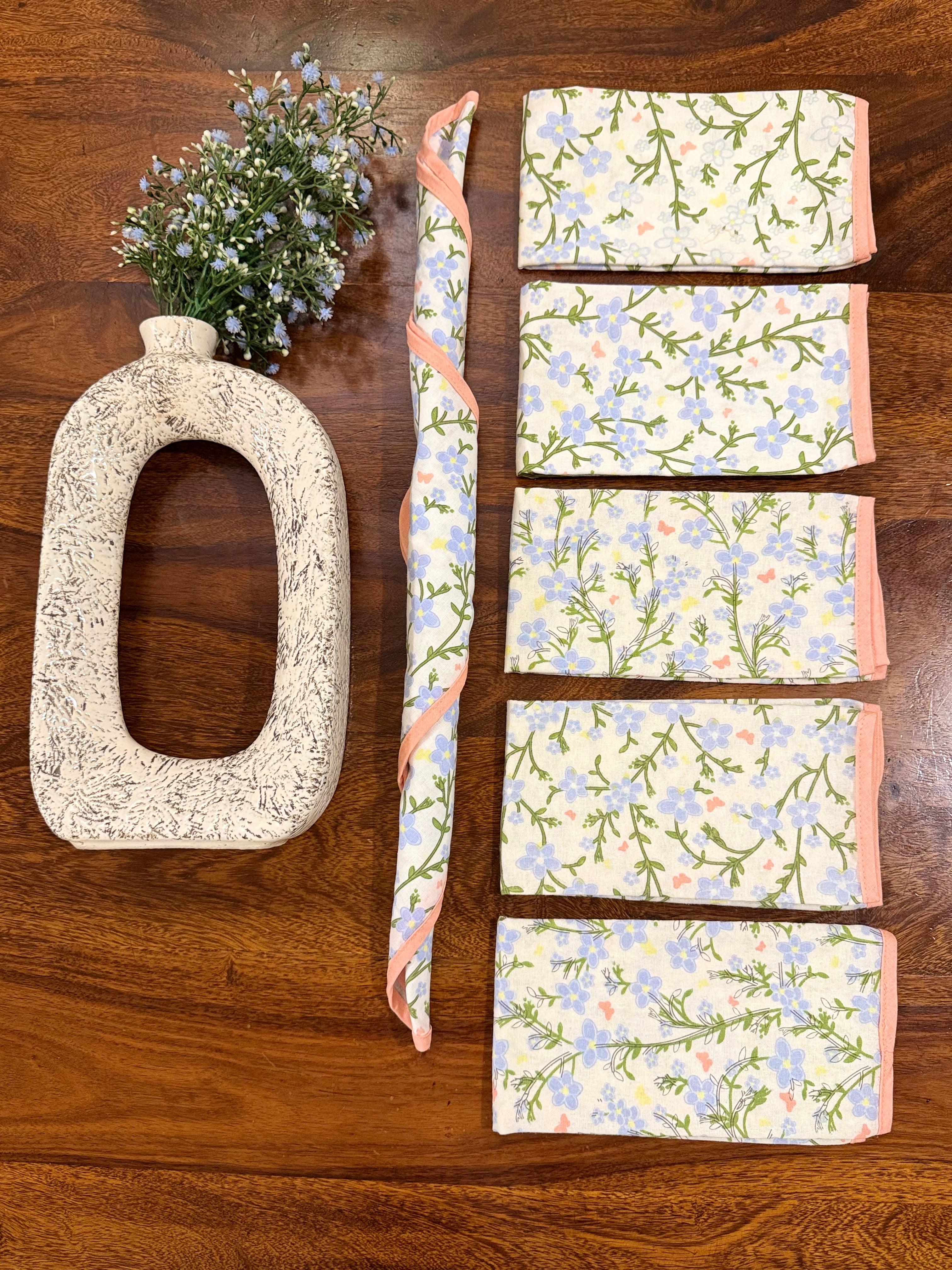 Light Blue flowers print pink borders bamboo cotton printed napkins (Set of 6)