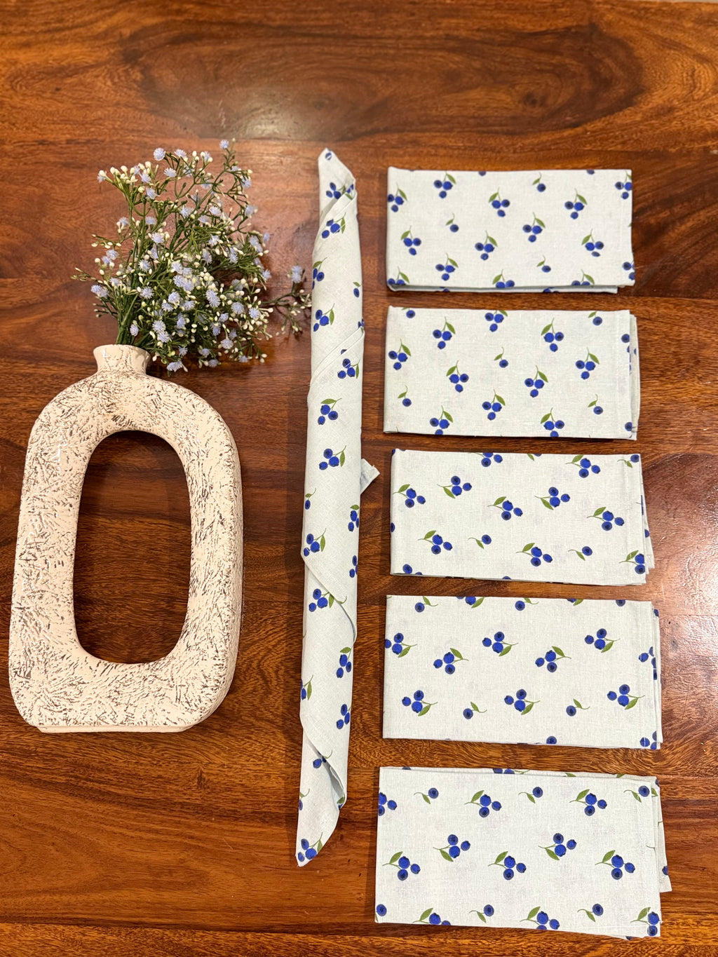 Blue flowers print bamboo cotton printed napkins (Set of 6)