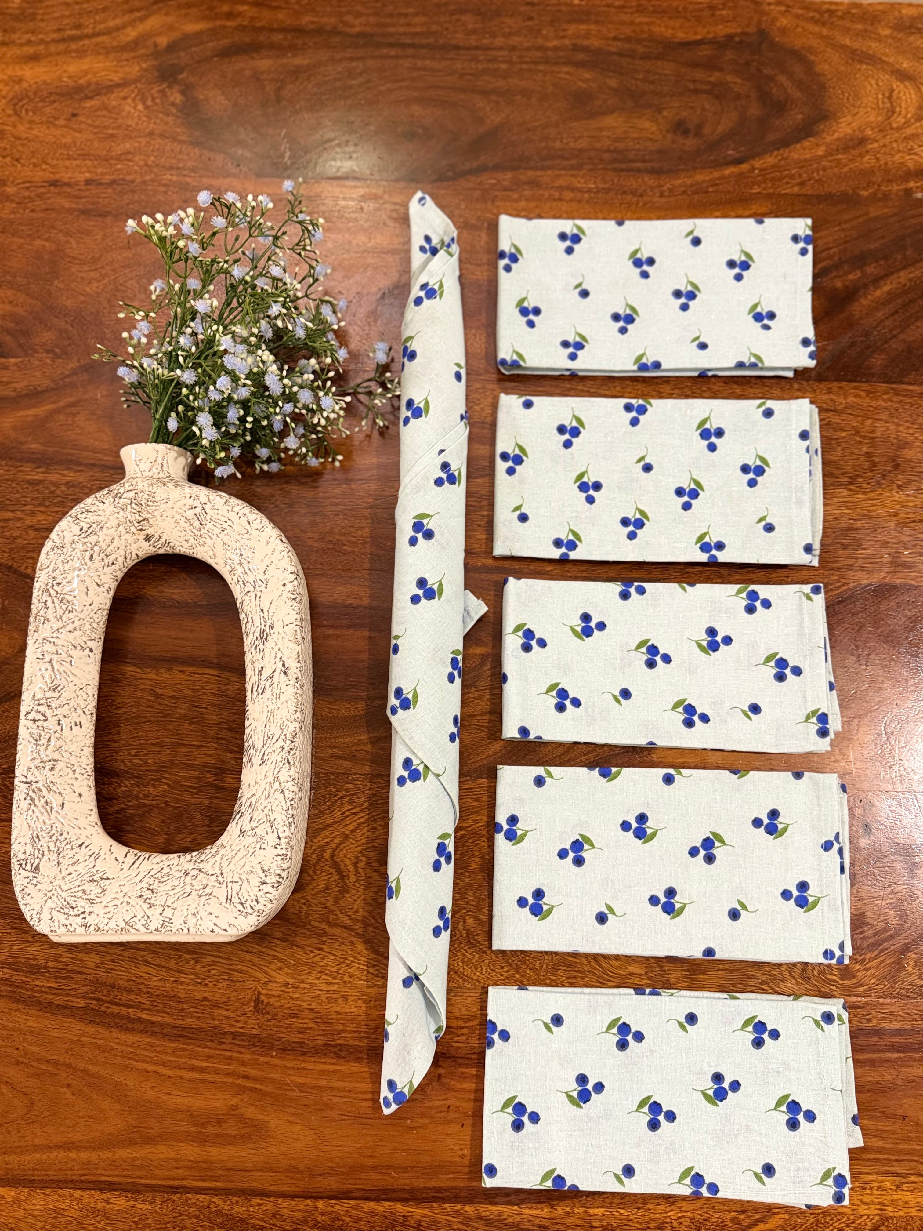 Blue flowers print bamboo cotton printed napkins (Set of 6)
