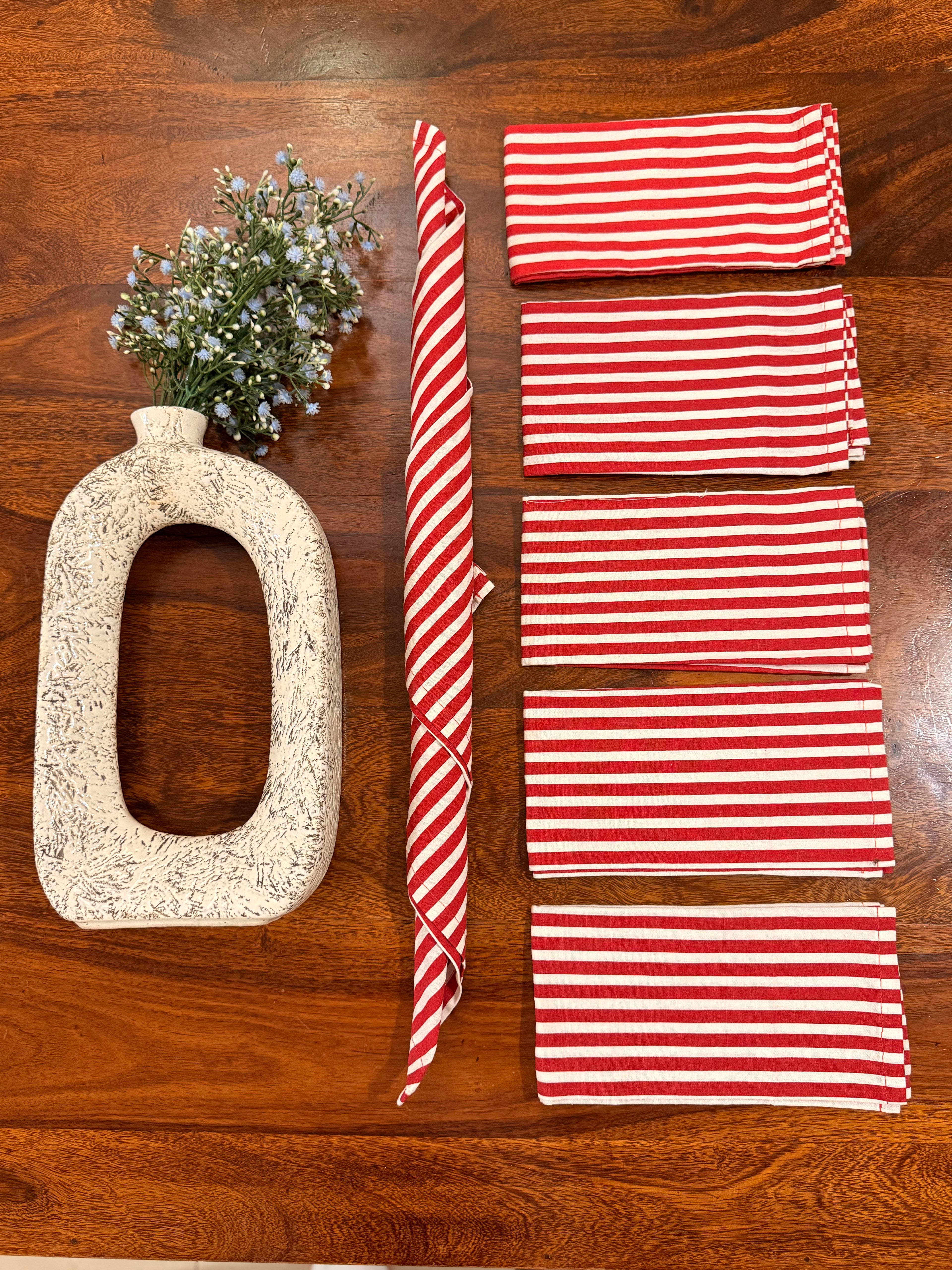 Red & White striped bamboo cotton printed napkins (Set of 6)