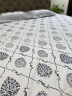 Hand block print on premium south cotton fabric bedsheet (Dark Blue Ambi on White base)