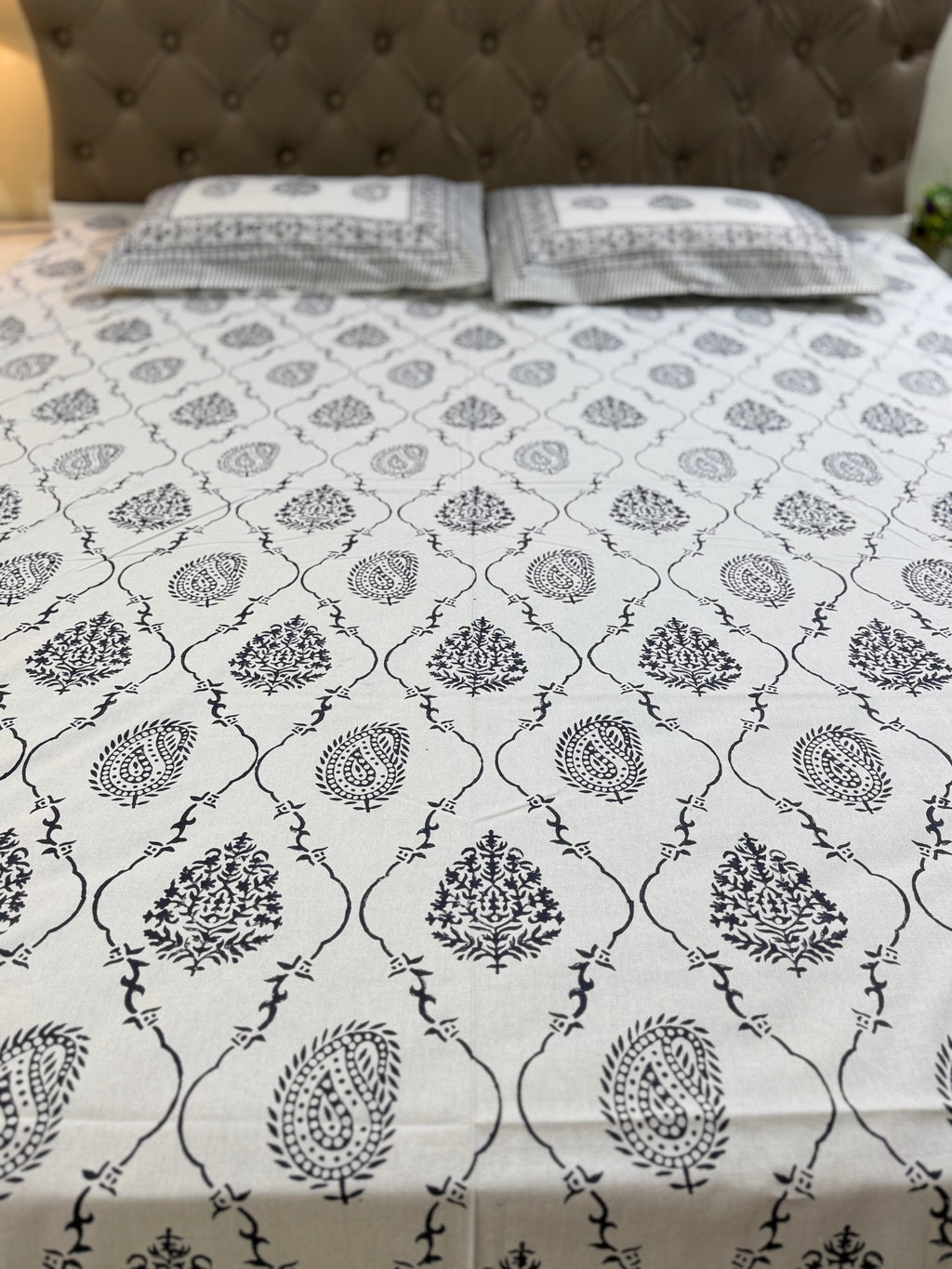 Hand block print on premium south cotton fabric bedsheet (Dark Blue Ambi on White base)
