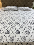 Hand block print on premium south cotton fabric bedsheet (Dark Blue Ambi on White base)