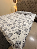 Hand block print on premium south cotton fabric bedsheet (Dark Blue Ambi on White base)